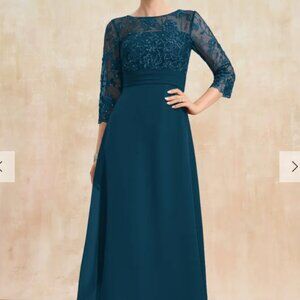 JJs House Ink Blue A-line Scoop Illusion Floor-Length Lace Chiffon Dress